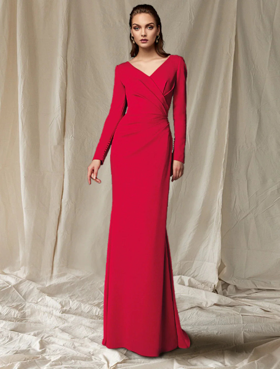 Wholesale Mermaid / Trumpet Mother of the Bride Dress Elegant V Neck Sweep / Brush Train Stretch Fabric Long Sleeve with Buttons Side-Draped